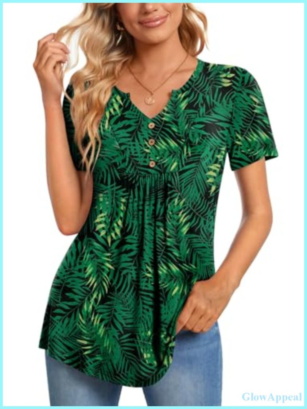 Women's V-Neck Henley Tunic Top Pleated Button Short Sleeve Blouse